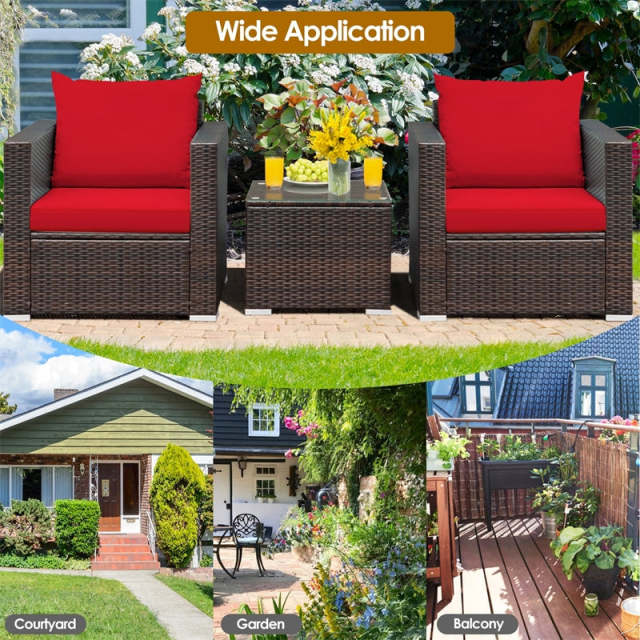 3 Piece Patio Conversation Set, Outdoor Rattan Sofa Furniture Set with Washable Cushions & Tempered Glass Coffee Table for Poolside Backyard