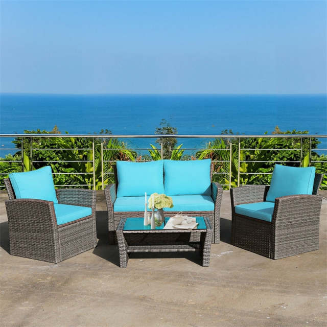 4PCS Patio Rattan Furniture Set Outdoor Conversation Set Wicker Sectional Loveseat Sofa with Cushions, Tempered Glass Table, Storage Shelf