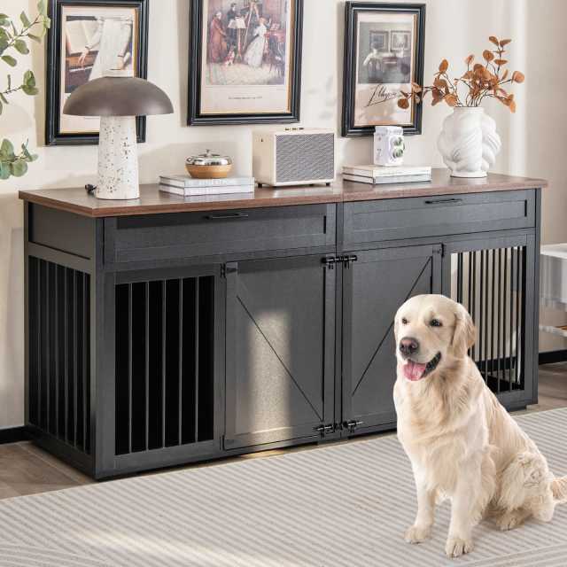 Large Double Dog Crate Furniture 72" Indoor Dog Kennel with Removable Room Divider, 2 Drawers & Doors for Medium Large Dogs