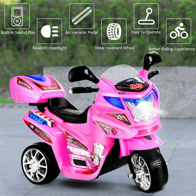 6V Kids Ride-On Motorcycle, Battery Powered 3-Wheel Motorcycle with LED Headlights, Music, Storage Trunk, Electric Motorcycle Toy for Boys/Girls he1