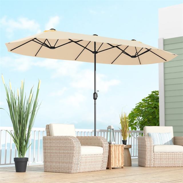 13FT Double-Sided Patio Umbrella, Extra Large Twin Market Umbrella with Base, Crank Handle, Safety Lock, Vented for Poolside, Deck, Backyard