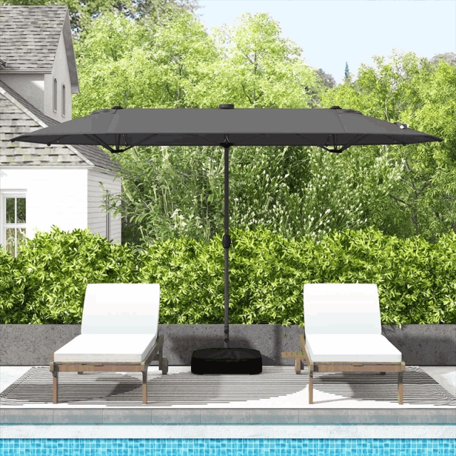 13FT Double-sided Patio Umbrella with Base, 36 Solar LED Lights & Crank Handle, Large Twin Table Umbrella for Poolside, Outdoor Dining