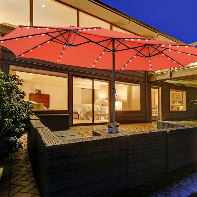 15FT Double-Sided Patio Umbrella with 48 Solar LED Lights & Crank Handle, Extra Large Outdoor Market Umbrella for Poolside, Deck, Backyard