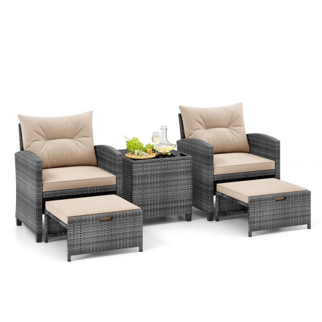5-Piece Patio Rattan Furniture Set, Wicker Cushioned Chairs with 2 Ottomans & Tempered Glass Coffee Table for Backyard, Lawn, Poolside, Deck