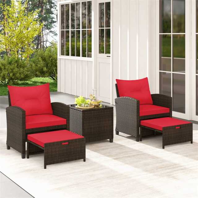 5-Piece Patio Rattan Furniture Set, Cushioned Wicker Chairs with 2 Ottomans & Glass Coffee Table, Outdoor Sectional for Porch Backyard Poolside