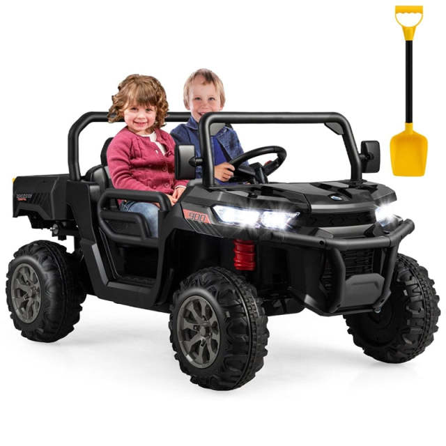 2-Seater Ride On Kids Car, 12V Off-Road UTV Electric Dump Truck with Remote, Dump Bed, Shovel & Rocking Function, Toddler Battery Ride On Toy
