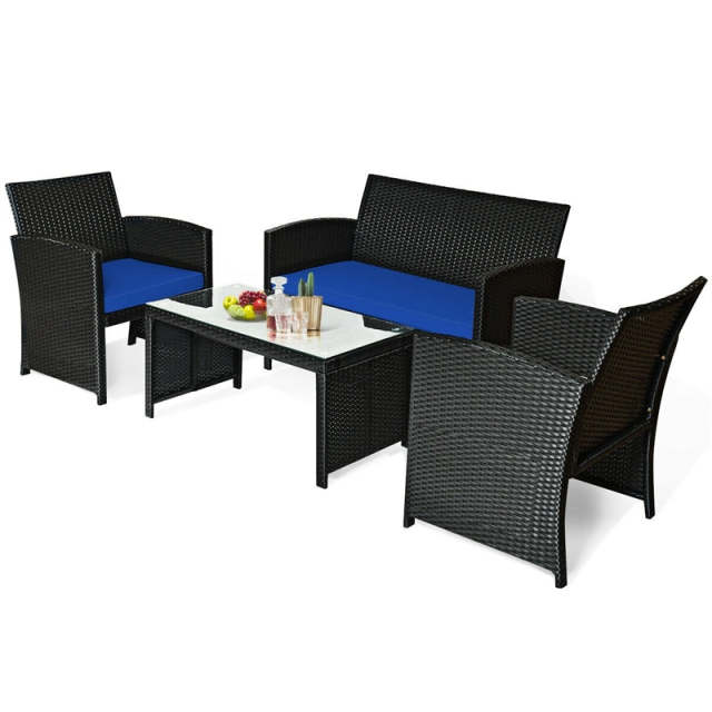 4-Piece Rattan Patio Furniture Set, Weather-Resistant Outdoor Wicker Conversation Sofa with Cushions & Tempered Glass Table for Backyard