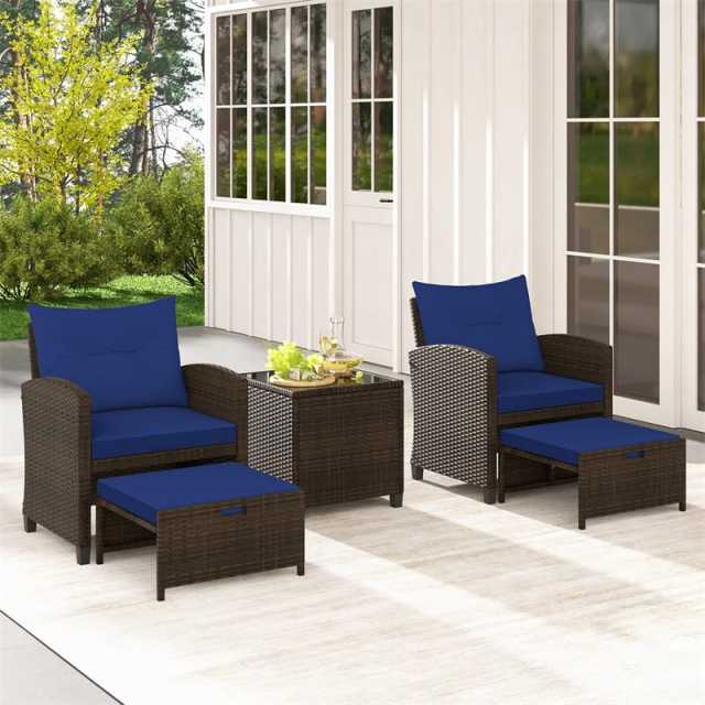 5-Piece Patio Rattan Furniture Set, Cushioned Wicker Chairs with 2 Ottomans & Glass Coffee Table, Outdoor Sectional for Porch Backyard Poolside