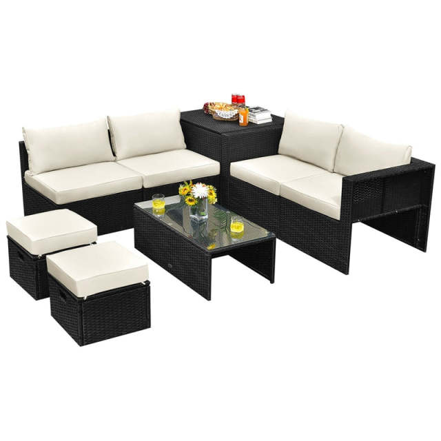 8PCS Wicker Outdoor Sectional Set, Patio Rattan Furniture Set with Storage Box, Coffee Table, Sofas, Ottomans, Cushions & Waterproof Cover