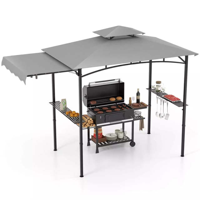10.5x5FT Outdoor Grill Gazebo, 2-Tier Top Canopy Barbecue Gazebo with Side Awning, 2 Shelves & Hanging Hooks for Backyard, Garden & Poolside