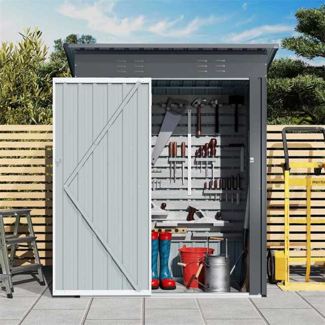 5x3FT Outdoor Storage Shed, Galvanized Steel Garden Tool House with Sloped Roof & Lockable Door, Weatherproof for Patio, Backyard, Trash Can Storage