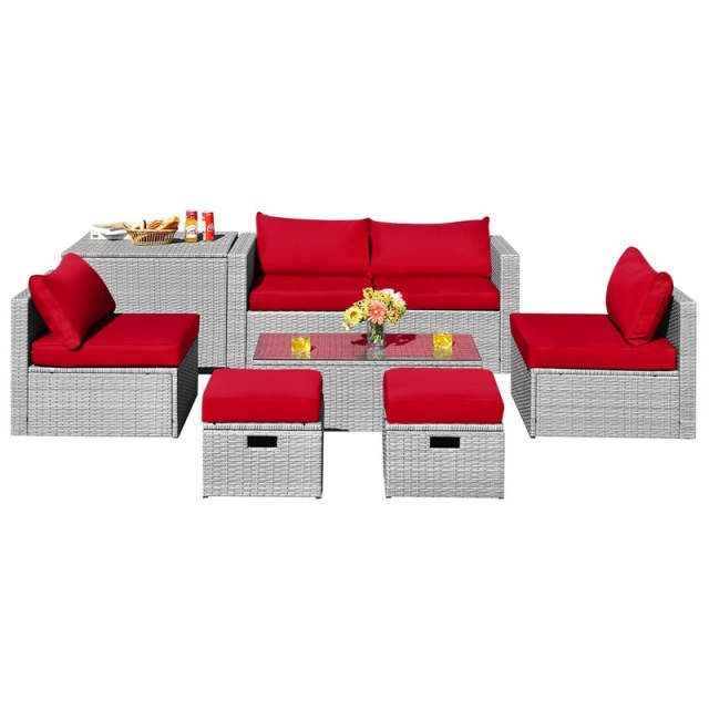 8 Piece Patio Furniture Set, PE Rattan Sectional Sofa Set with Storage Box, Ottomans, Coffee Table, Waterproof Cushions for Poolside/Balcony