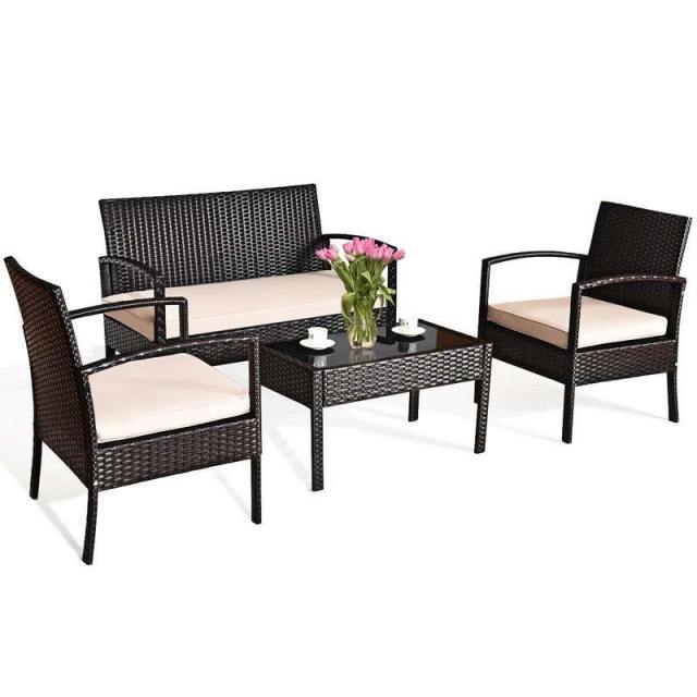 4PCS Patio Furniture Set Rattan Wicker Conversation Set with Coffee Table & Cushions