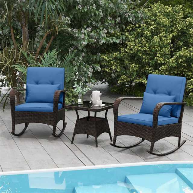 3-Piece PE Rattan Rocking Bistro Set with Removable Cushions & Tempered Glass Table, Outdoor Patio Furniture Set for Porch, Poolside, Backyard
