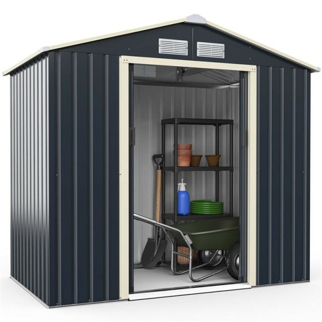 7' x 4' Large Metal Storage Shed, Galvanized Steel Garden Tool House with Lockable Double Sliding Door & Air Vents, Outdoor Backyard Storage Cabinet