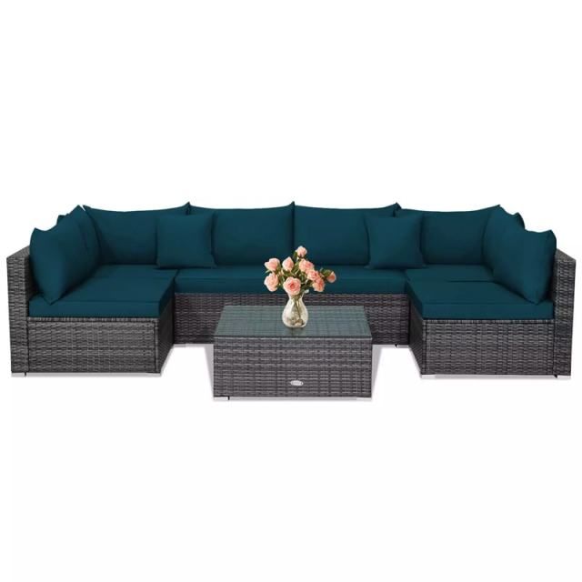 7PCS PE Rattan Modular Outdoor Sectional Set with Tempered Glass Top Table & Cushions, Patio Sofa Furniture for Backyard, Poolside Garden