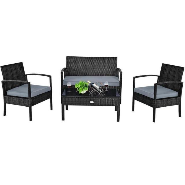 4 Piece Patio Conversation Set with Cushioned Rattan Sofas, Loveseat, Tempered Glass Table, Waterproof Outdoor Furniture for Poolside, Backyard