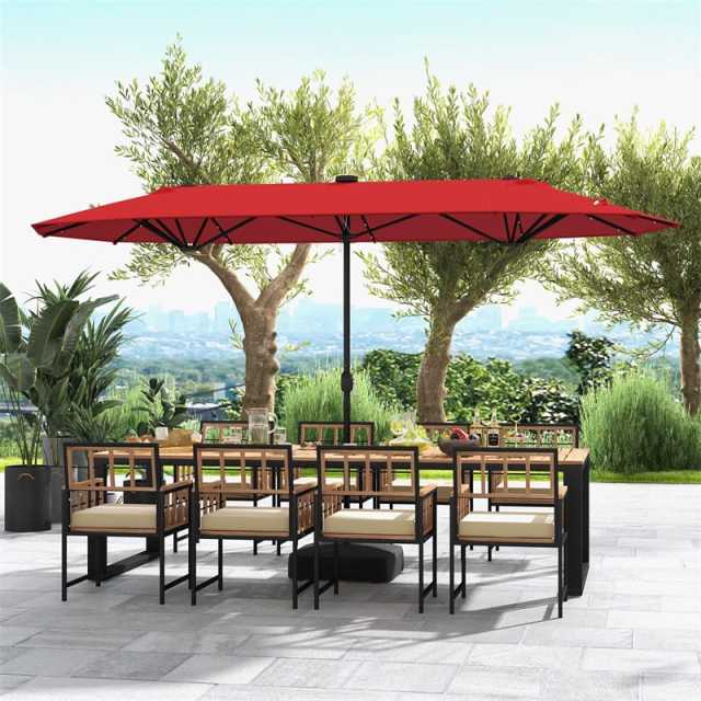 13FT Double-sided Patio Umbrella with Base, 36 Solar LED Lights & Crank Handle, Large Twin Table Umbrella for Poolside, Outdoor Dining
