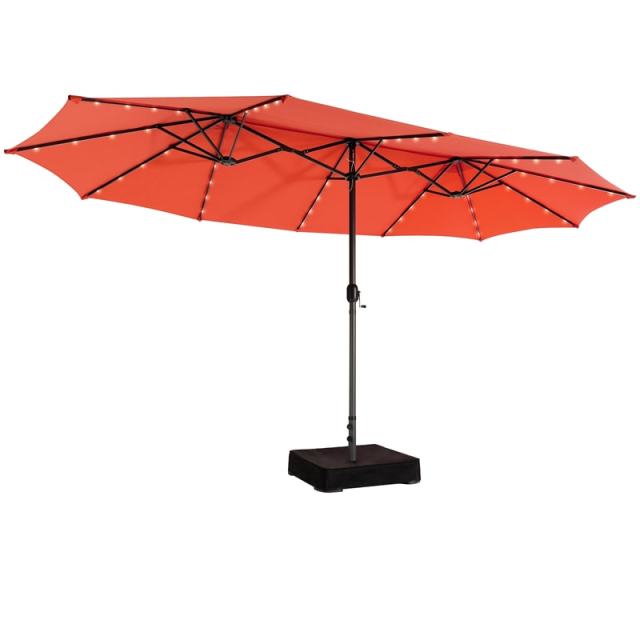 15FT Double-Sided Patio Umbrella with Base, 48 Solar LED Lights & Crank Handle, Extra Large Double Outdoor Umbrella for Poolside, Backyard