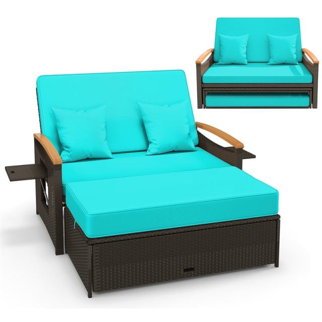 Patio Rattan Daybed Set with Cushioned Loveseat, Storage Ottoman, Retractable Side Tray, Backrest Adjustable Outdoor Double Chaise Lounge
