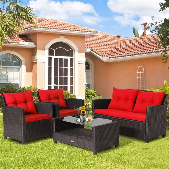 4 Piece Outdoor Rattan Furniture Set, Patio Conversation Set with Lower Shelf Coffee Table, Loveseat, 2 Cushioned Chairs for Garden Backyard