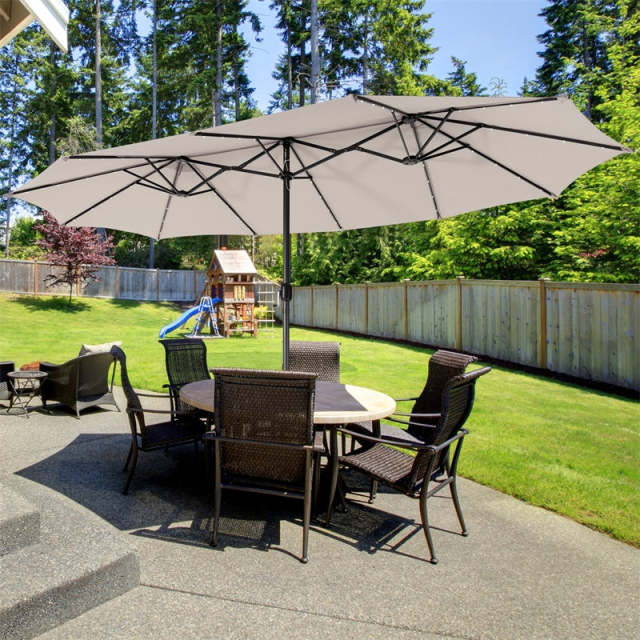 15FT Double-Sided Patio Umbrella with Base, 48 Solar LED Lights & Crank Handle, Extra Large Double Outdoor Umbrella for Poolside, Backyard