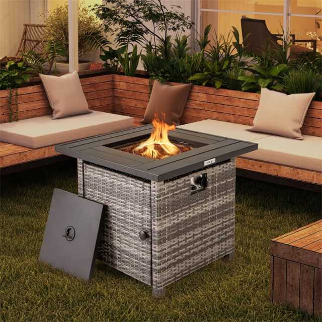 29" Wicker Rattan Propane Fire Pit Table 50,000 BTU Outdoor Square Fire Pit with Lava Rocks, Protective Cover, Heavy-Duty Metal Frame & Tabletop