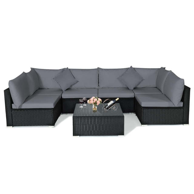 7-Piece PE Rattan Outdoor Sectional Sofa with Tempered Glass Top Table & Cushions, Wicker Patio Furniture Set for Garden Poolside Balcony