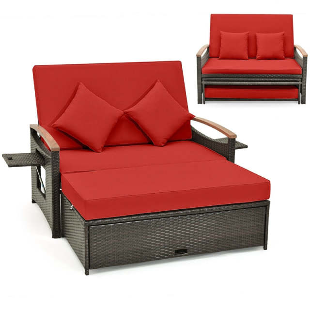 Patio Rattan Daybed Set with Cushioned Loveseat, Storage Ottoman, Retractable Side Tray, Backrest Adjustable Outdoor Double Chaise Lounge