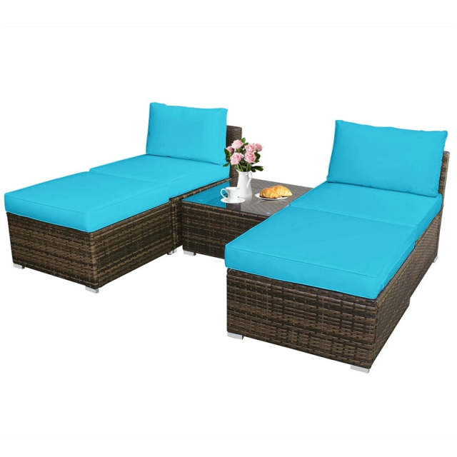 5-Piece Outdoor Rattan Chaise Lounge Set with Ottomans, Coffee Table & Washable Cushions, Patio Sectional Sofa Set for Backyard, Poolside