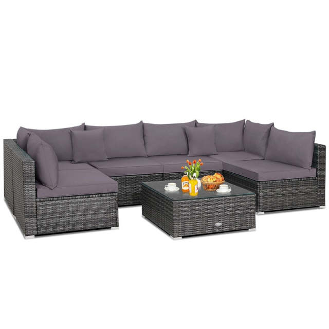7PCS PE Rattan Modular Outdoor Sectional Set with Tempered Glass Top Table & Cushions, Patio Sofa Furniture for Backyard, Poolside Garden