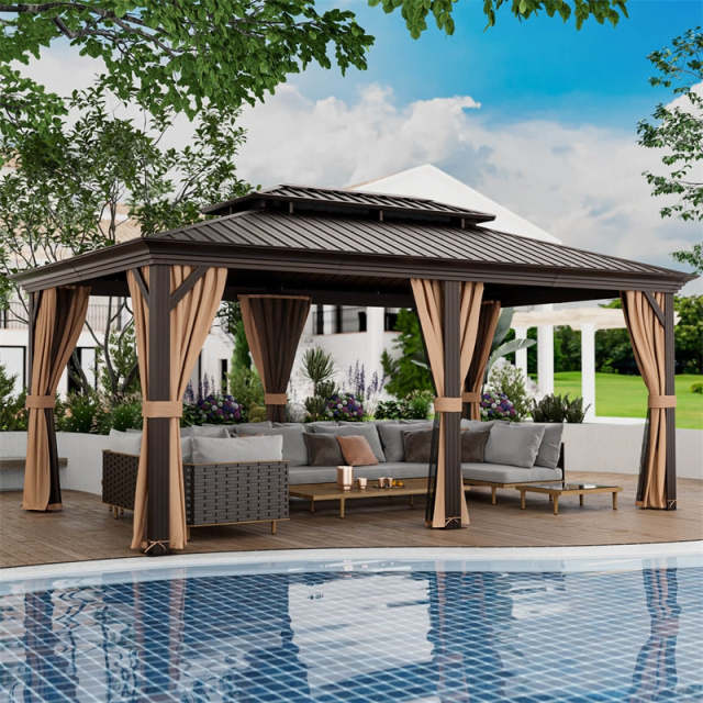 12' x 20' Double-Roof Hardtop Gazebo Outdoor Galvanized Steel Roof Gazebo Aluminum Frame Permanent Gazebo Backyard Pavilion with Curtains & Netting