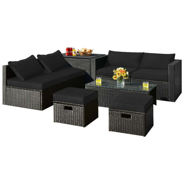 8PCS Wicker Outdoor Sectional Set, Patio Rattan Furniture Set with Storage Box, Coffee Table, Sofas, Ottomans, Cushions & Waterproof Cover