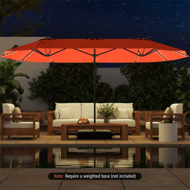 15.5FT Extra Large Patio Umbrella with 144 Solar LED Lights & Crank Handle, 12 Heavy-Duty Ribs Double-Sided Market Umbrella for Deck, Poolside