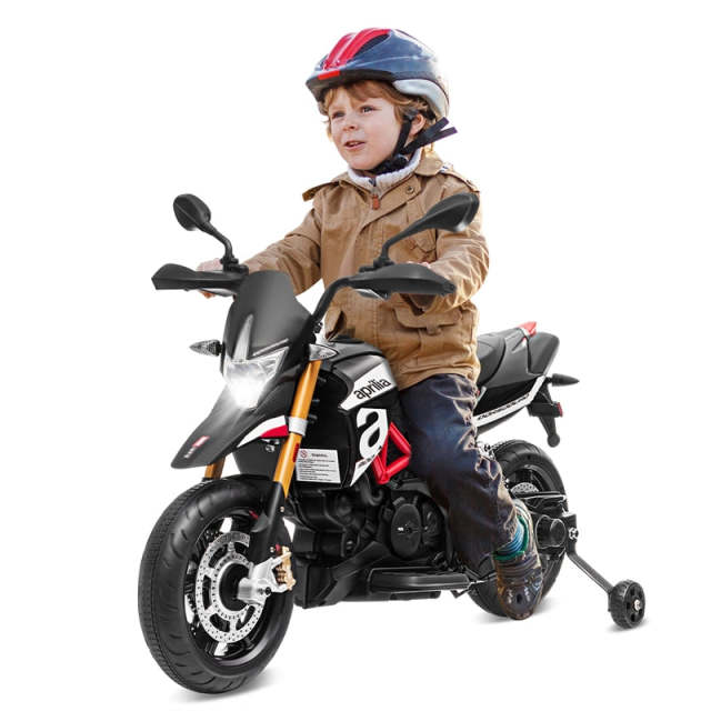 12V Kids Ride-On Motorcycle, Licensed Aprilia Electric Dirt Bike with Training Wheels, LED Lights & Music, Battery Powered Ride-On Car for Ages 3+