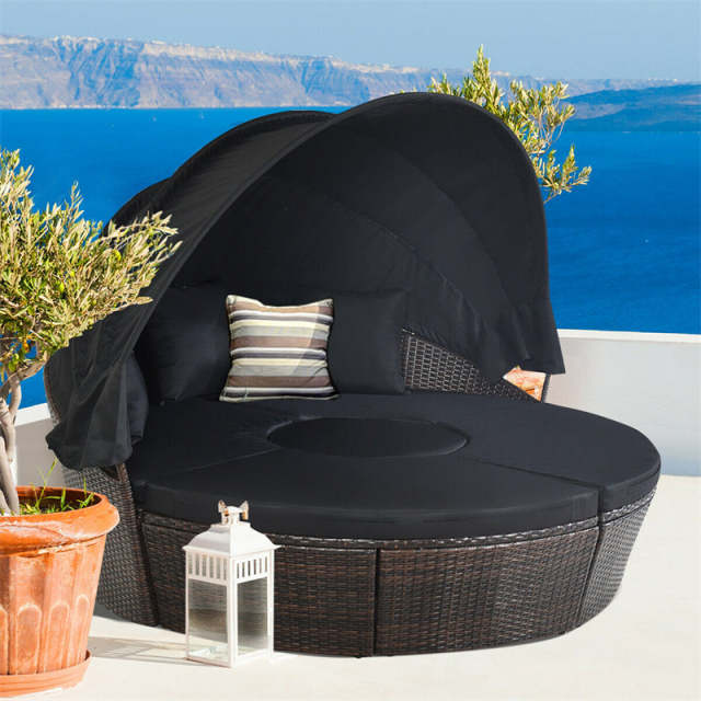 Round Patio Rattan Daybed with Retractable Canopy, Adjustable Coffee Table & Cushions, Outdoor Wicker Sectional Sofa for Poolside, Backyard