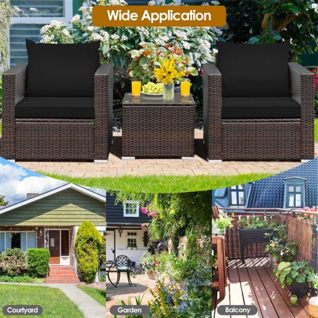 3 Piece Patio Conversation Set, Outdoor Rattan Sofa Furniture Set with Washable Cushions & Tempered Glass Coffee Table for Poolside Backyard