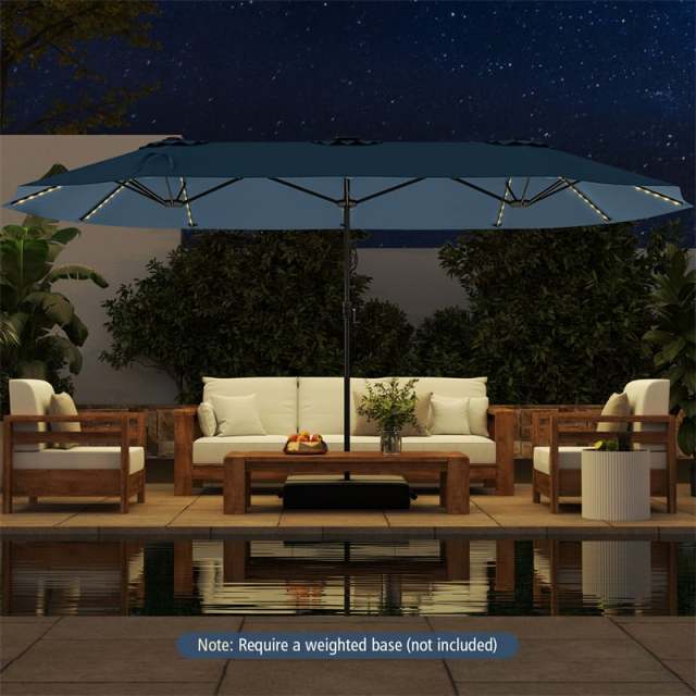15.5FT Extra Large Patio Umbrella with 144 Solar LED Lights & Crank Handle, 12 Heavy-Duty Ribs Double-Sided Market Umbrella for Deck, Poolside