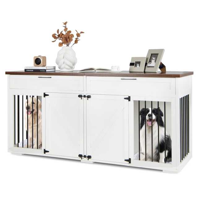 Large Double Dog Crate Furniture 72" Indoor Dog Kennel with Removable Room Divider, 2 Drawers & Doors for Medium Large Dogs