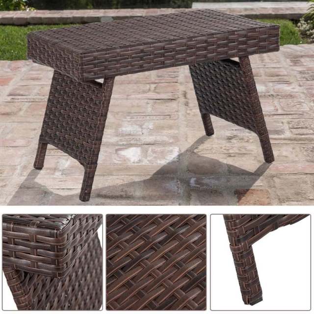 Patio Folding PE Rattan Side Table, Portable Wicker Coffee Table & Bistro Table with Steel Frame for Poolside, Lawn & Outdoor Living