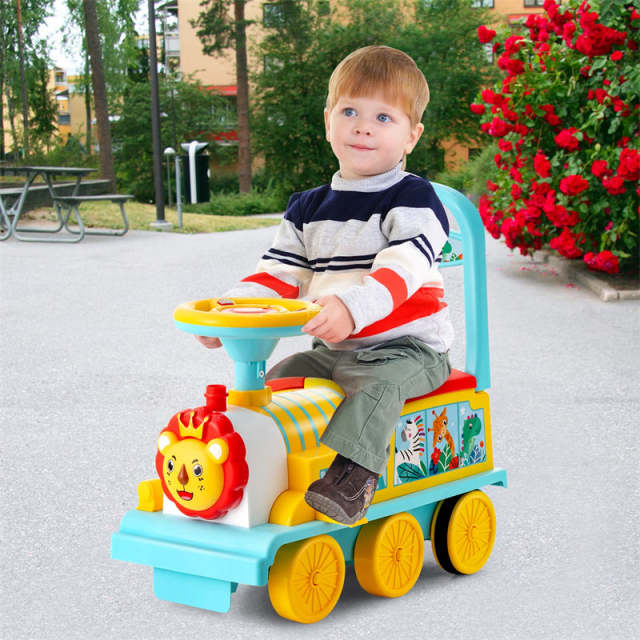 6V Electric Kids Ride On Train with Tracks, Storage Seat, Flashing Lights & Music, Battery Powered Ride-On Train Toy for Boys & Girls
