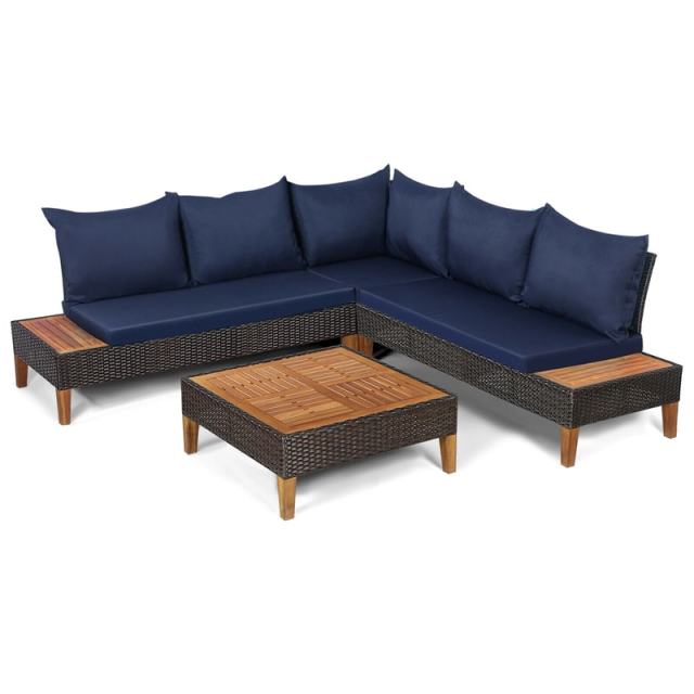 4 Piece Acacia Wood Patio Furniture Set, Outdoor Rattan Sectional Sofa with Cushions, Loveseat, Side Table, Coffee Table for Backyard Garden