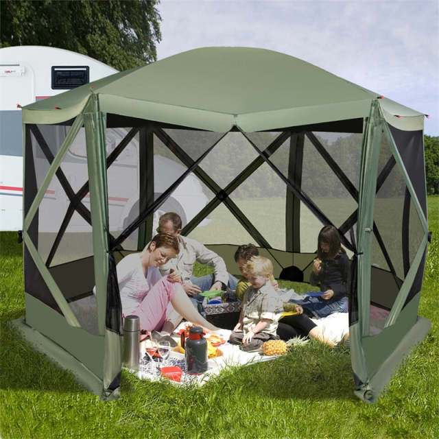 11.5' x 11.5' Pop Up Screen Tent 6-Sided Camping Gazebo Tent Outdoor Instant Canopy Shelter with Netting 2 Wind Clothes & Carry Bag