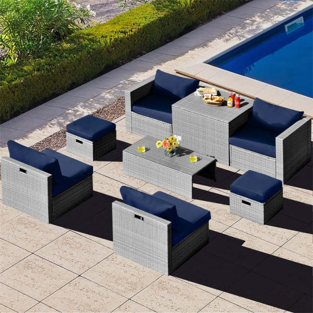 8 Piece Patio Furniture Set, PE Rattan Sectional Sofa Set with Storage Box, Ottomans, Coffee Table, Waterproof Cushions for Poolside/Balcony
