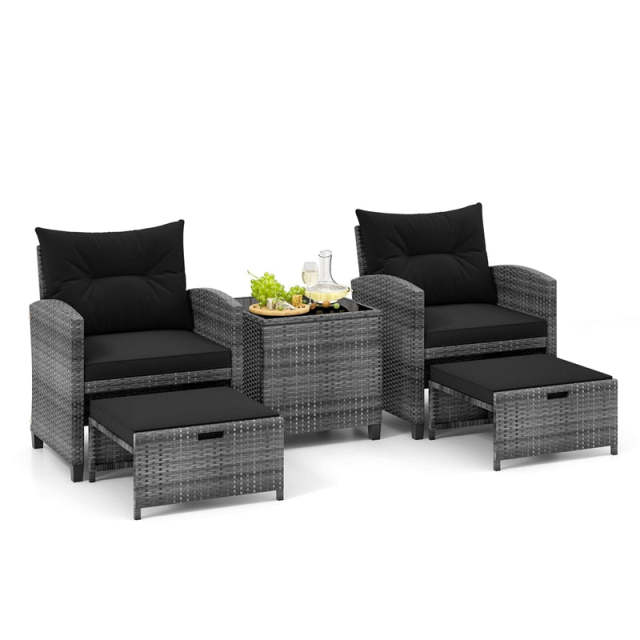 5-Piece Patio Rattan Furniture Set, Wicker Cushioned Chairs with 2 Ottomans & Tempered Glass Coffee Table for Backyard, Lawn, Poolside, Deck
