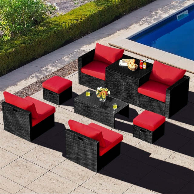 8PCS Wicker Outdoor Sectional Set, Patio Rattan Furniture Set with Storage Box, Coffee Table, Sofas, Ottomans, Cushions & Waterproof Cover