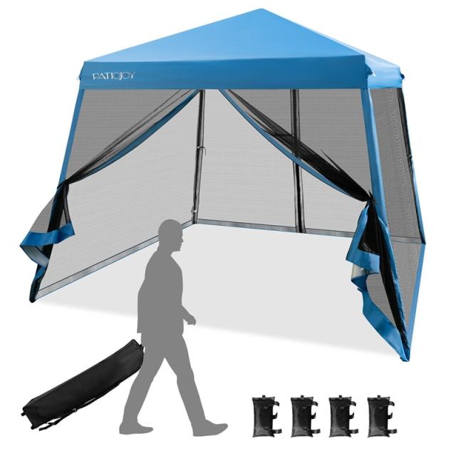 10x10FT Slant Leg Pop-Up Canopy with Mesh Sidewalls & Roller Bag, Foldable Outdoor Instant Setup Canopy Tent for Patio, Camping, Beach Events