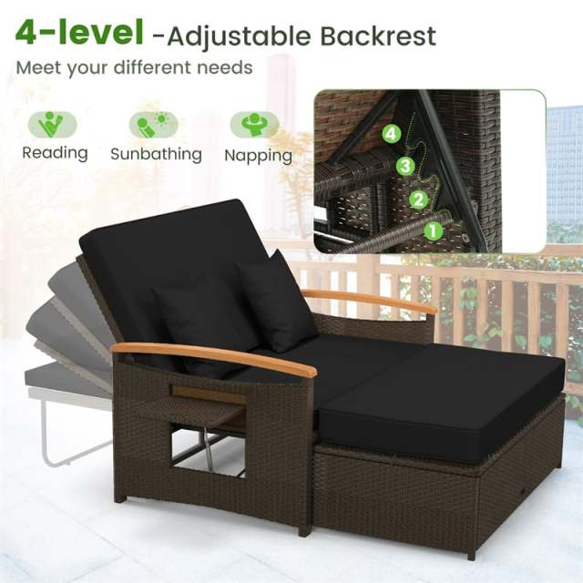 Patio Rattan Daybed Set with Cushioned Loveseat, Storage Ottoman, Retractable Side Tray, Backrest Adjustable Outdoor Double Chaise Lounge