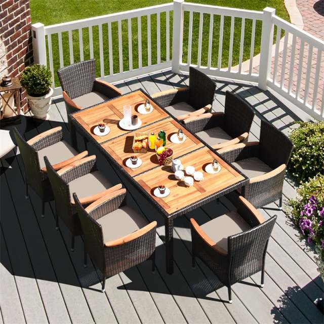 9-Piece Outdoor Patio Dining Set with Acacia Wood Top Table, 8 Stackable Cushioned Rattan Chairs, Steel Frame for Poolside, Backyard