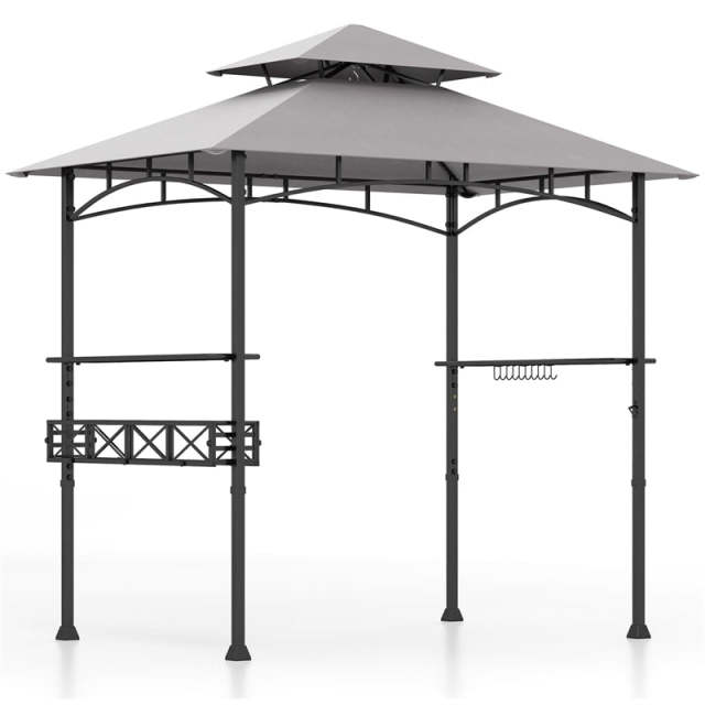 8x5 FT Grill Gazebo, 2-Tier Canopy Top Barbecue Gazebo with 2 Shelves, Storage, 20 Hanging Hooks & Metal Frame for Backyard, Poolside BBQs